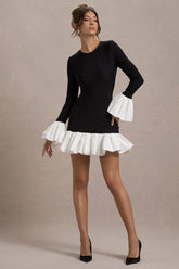 Black Long-Sleeve Mini Dress With White Satin Trims